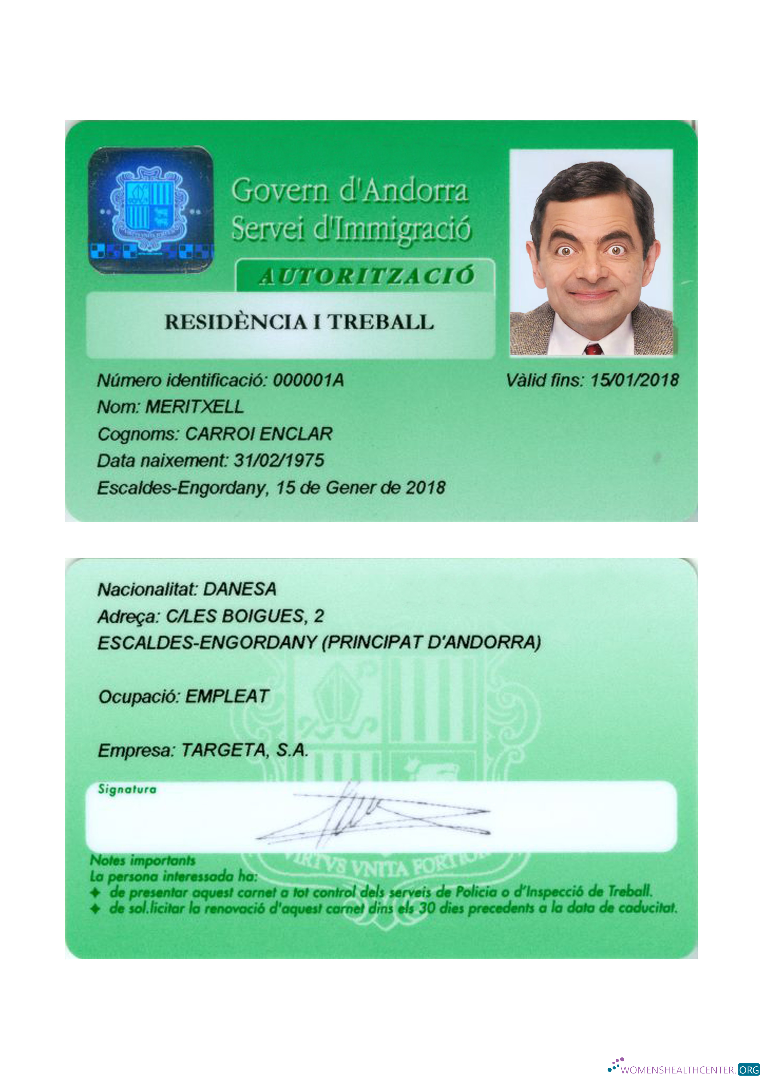 Download Andorra residence permit card Photoshop template